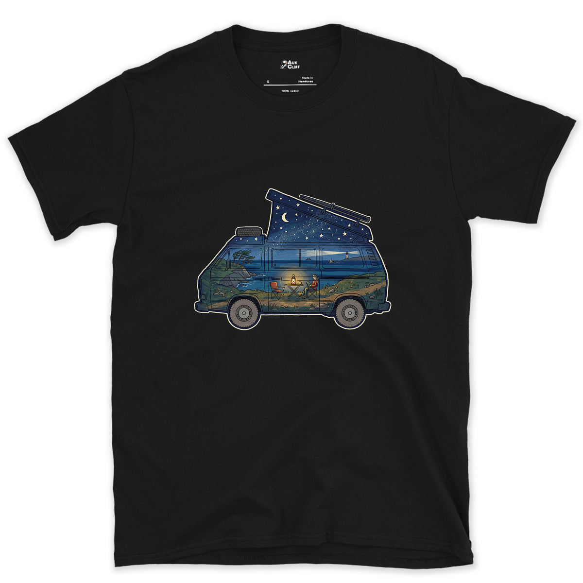 Parked Above the Sea, Camper Van design on a Black Gildan Softstyle t-shirt