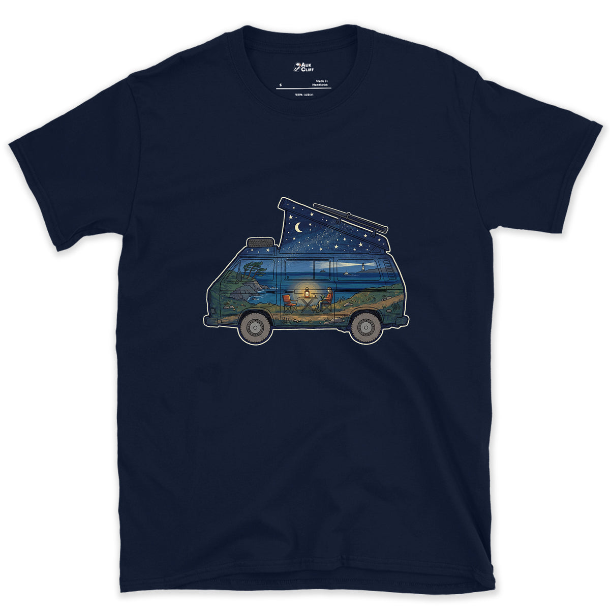 Parked Above the Sea, Camper Van design on a Navy Gildan Softstyle t-shirt
