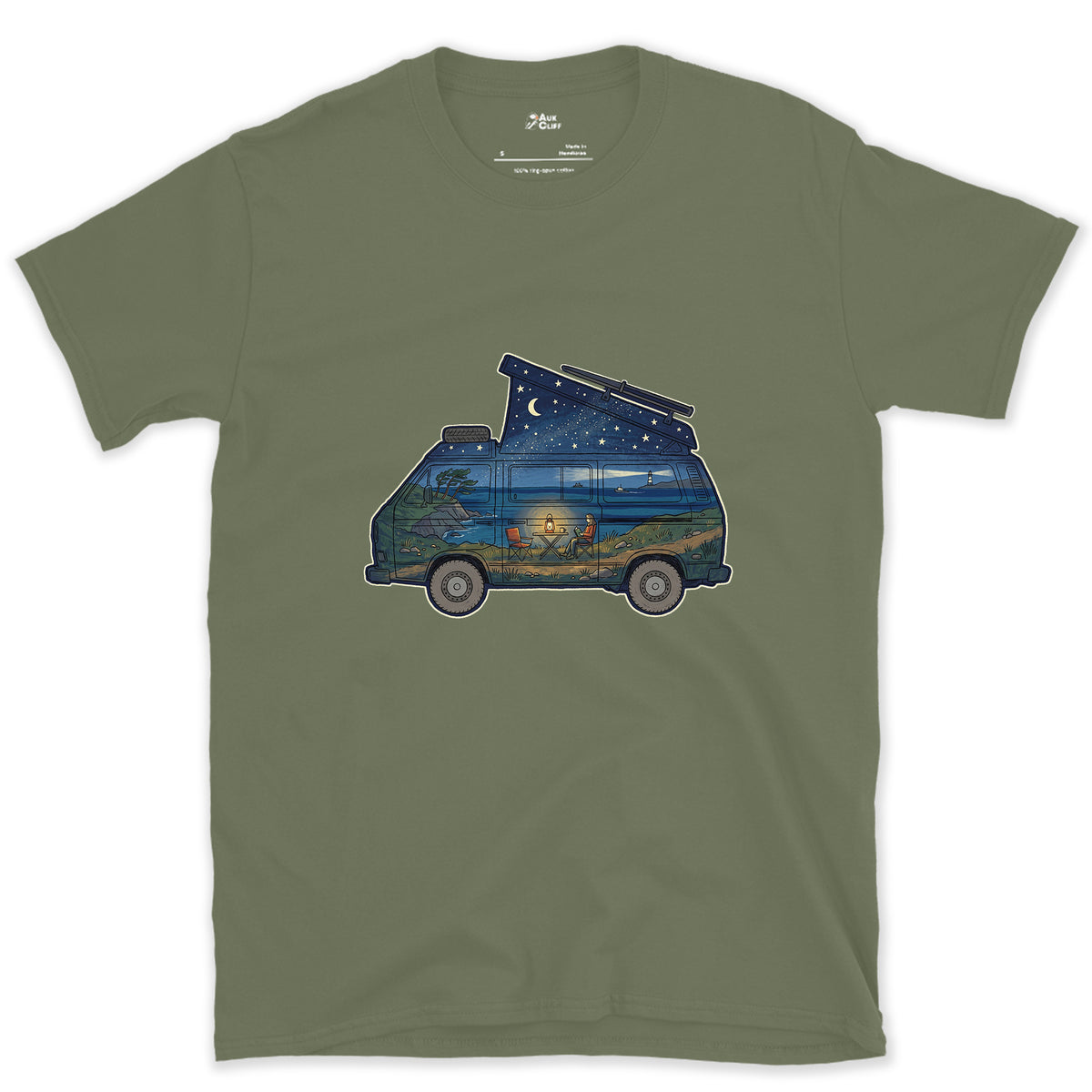 Parked Above the Sea, Camper Van design on a Military Green Gildan Softstyle t-shirt
