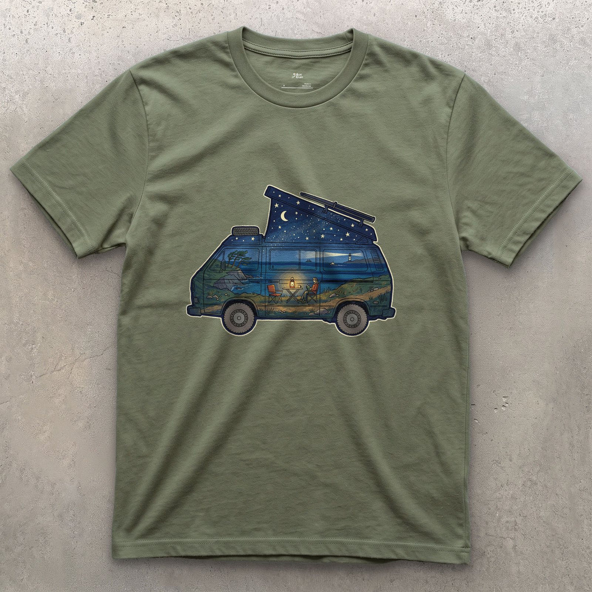 Parked Above the Sea, Camper Van design on a Military Green Gildan Softstyle t-shirt