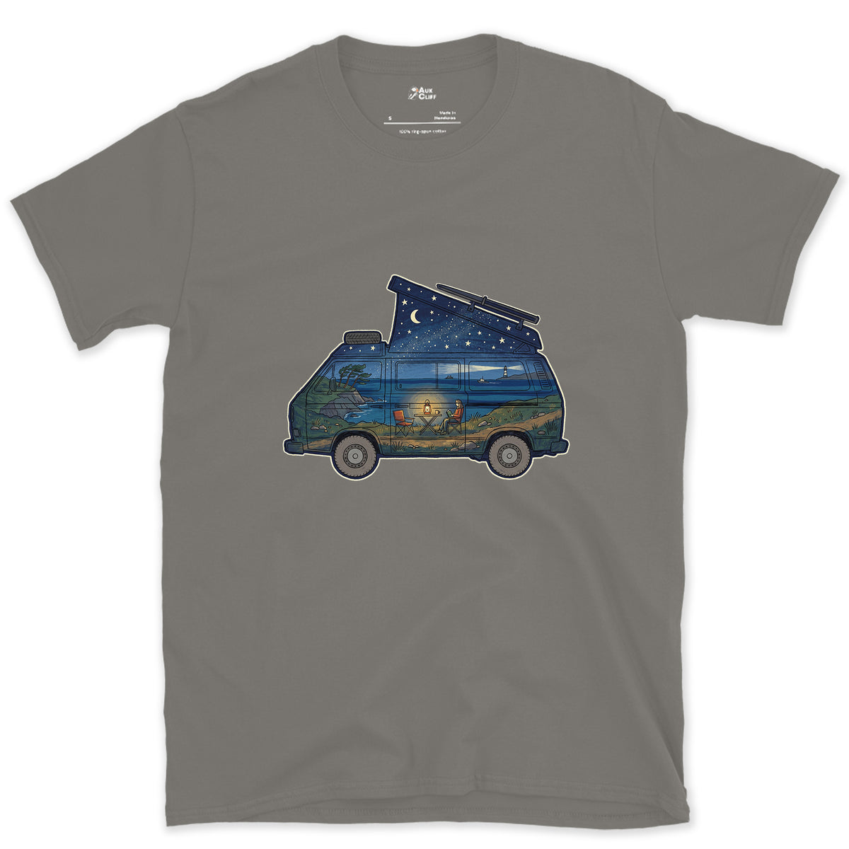Parked Above the Sea, Camper Van design on a Charcoal Gildan Softstyle t-shirt