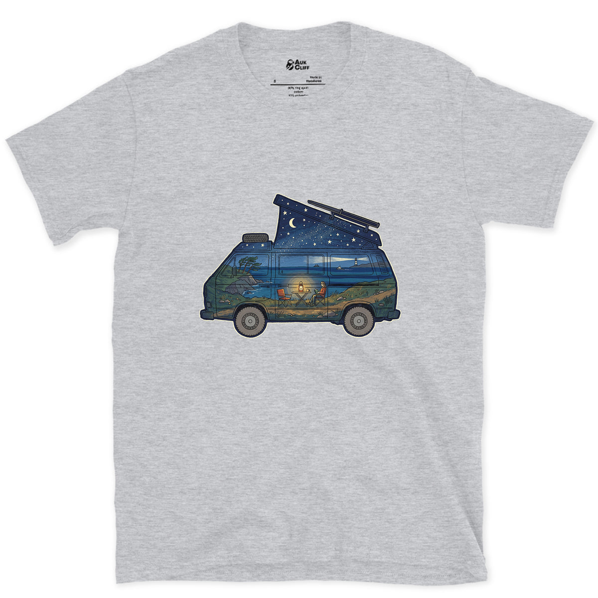 Parked Above the Sea, Camper Van design on a Sport Grey Gildan Softstyle t-shirt