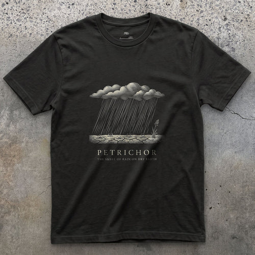 Petrichor, the Smell of Rain on Dry Earth design on a Black Gildan Softstyle t-shirt