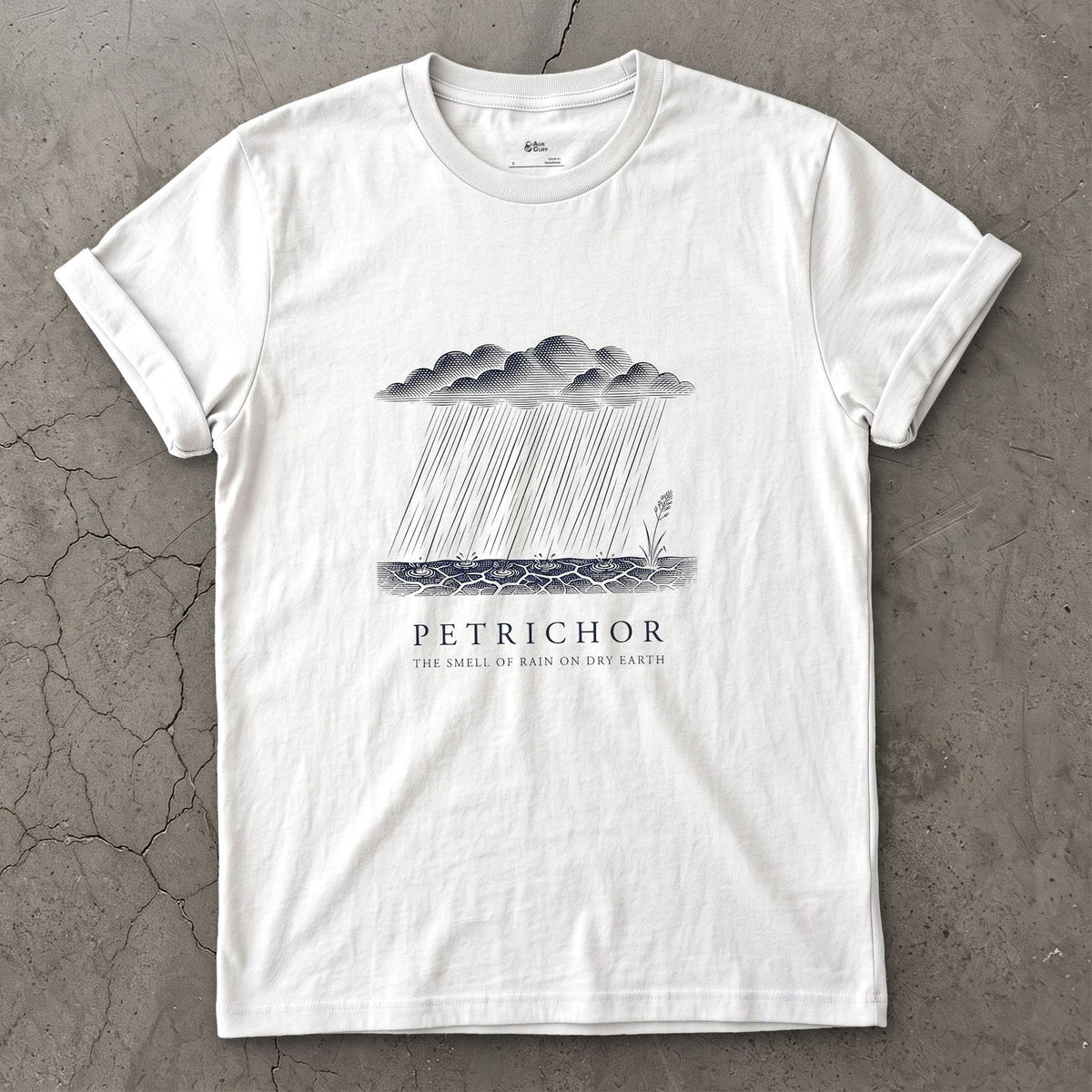 Petrichor, the Smell of Rain on Dry Earth design on a White Gildan Softstyle t-shirt