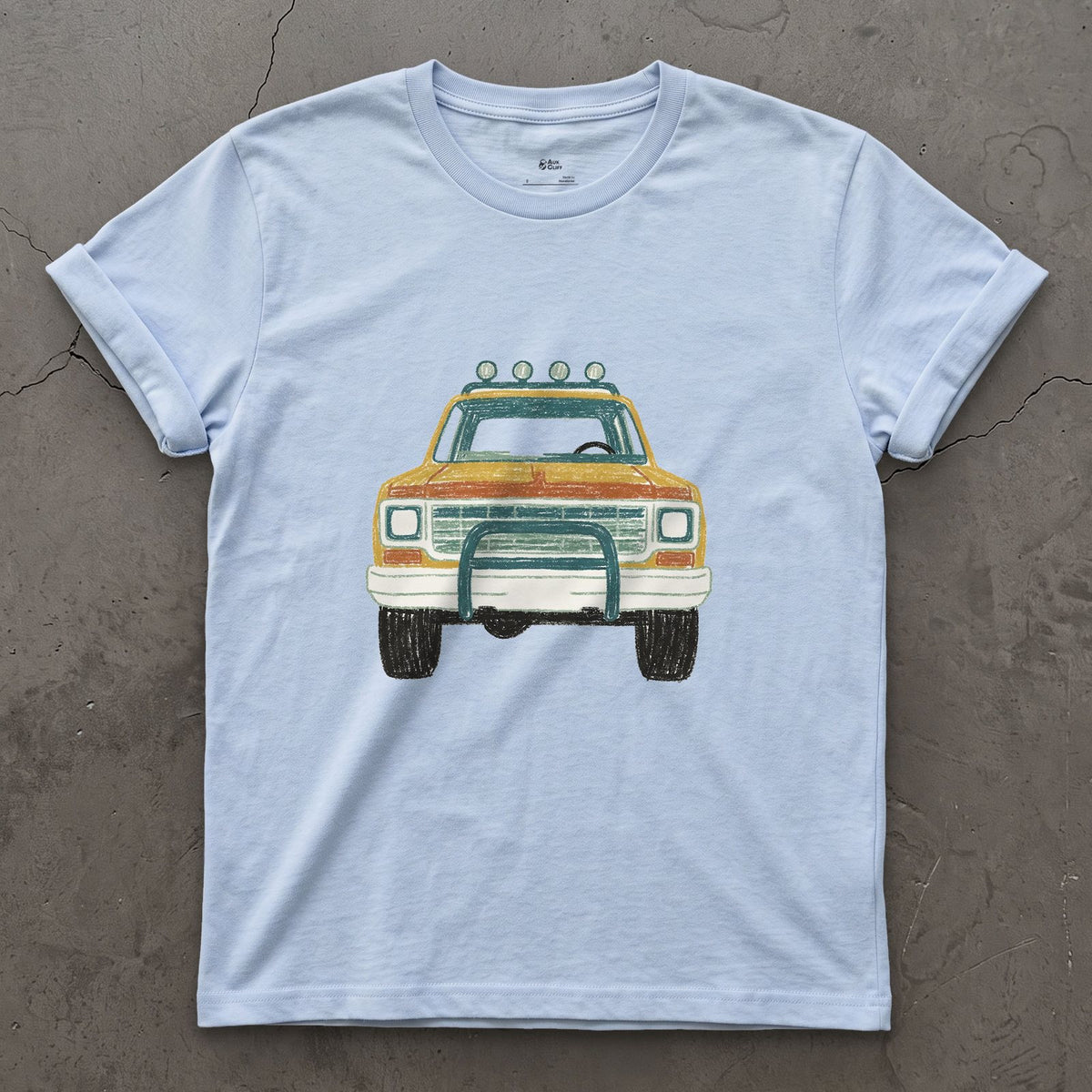 Lights and Bull Bar Facing You Down design on a Light Blue Gildan Softstyle t-shirt