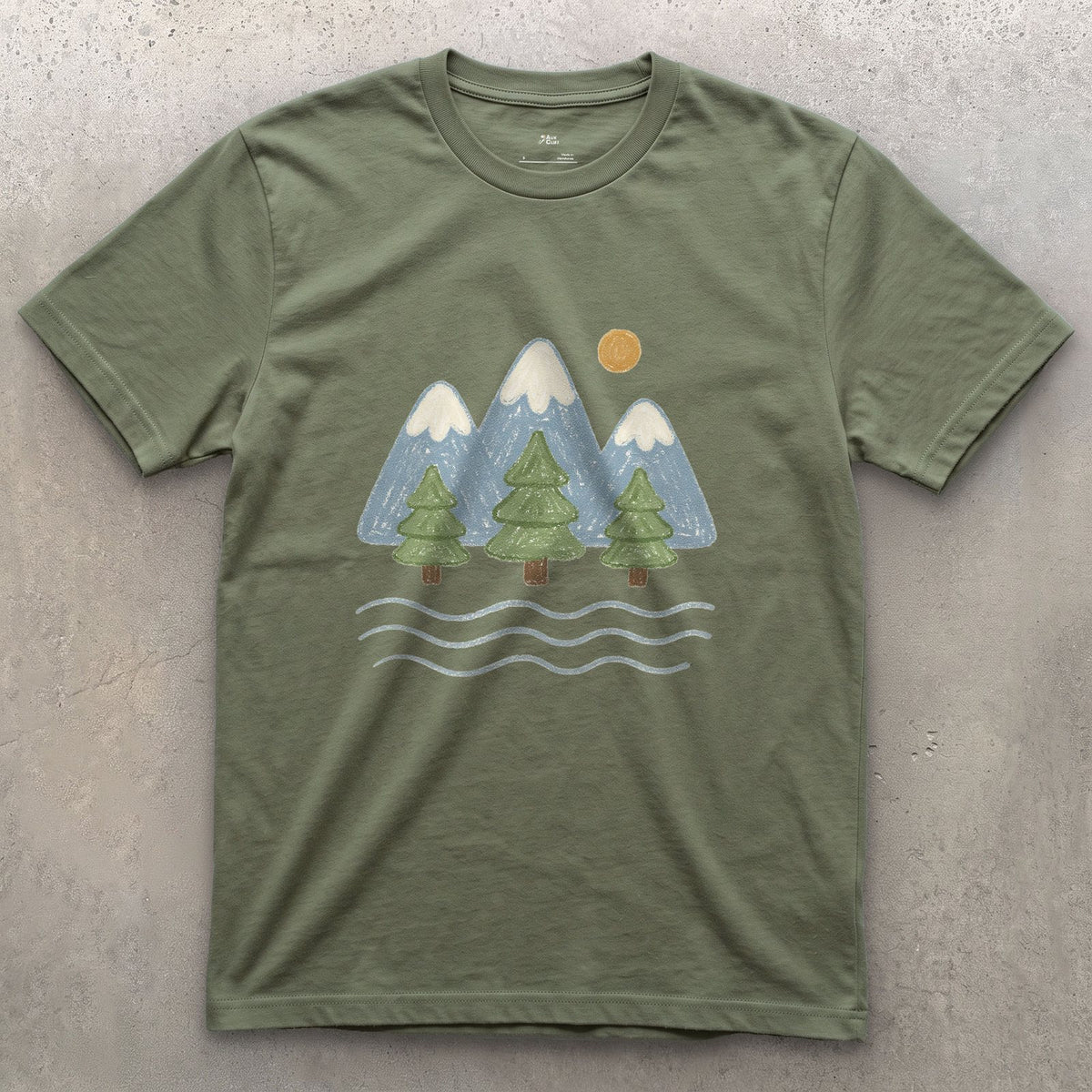 Water Under the Snowline, Light design on a Military Green Gildan Softstyle t-shirt
