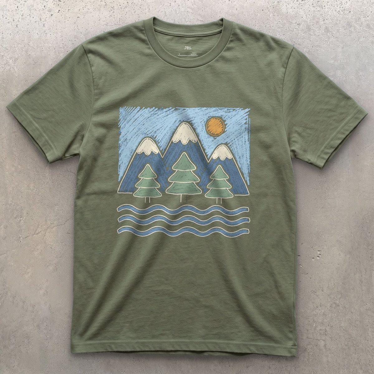 Water Under the Snowline, Dark design on a Military Green Gildan Softstyle t-shirt