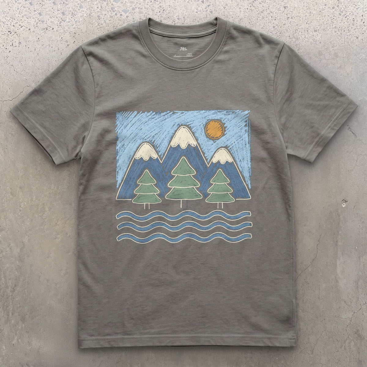 Water Under the Snowline, Dark design on a Charcoal Gildan Softstyle t-shirt