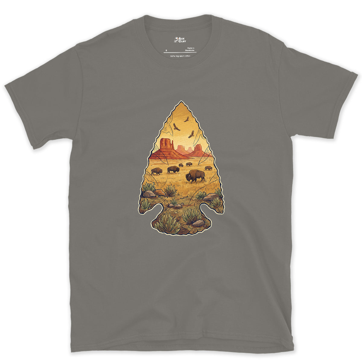 Plains Held in a Stone Arrowhead design on a Charcoal Gildan Softstyle t-shirt