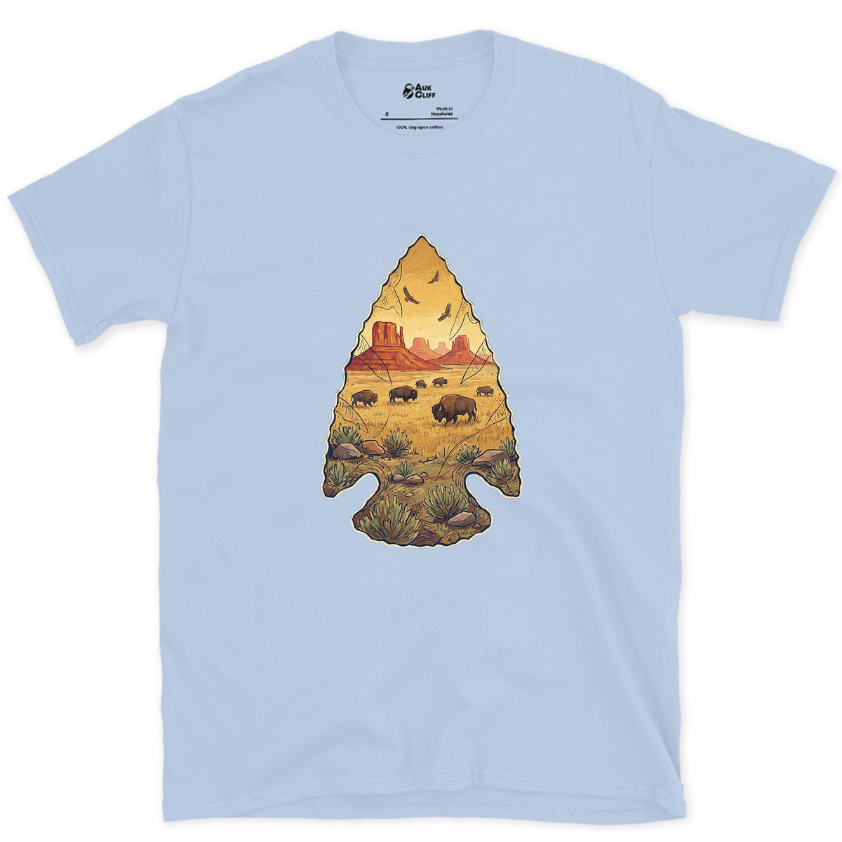 Plains Held in a Stone Arrowhead design on a Light Blue Gildan Softstyle t-shirt