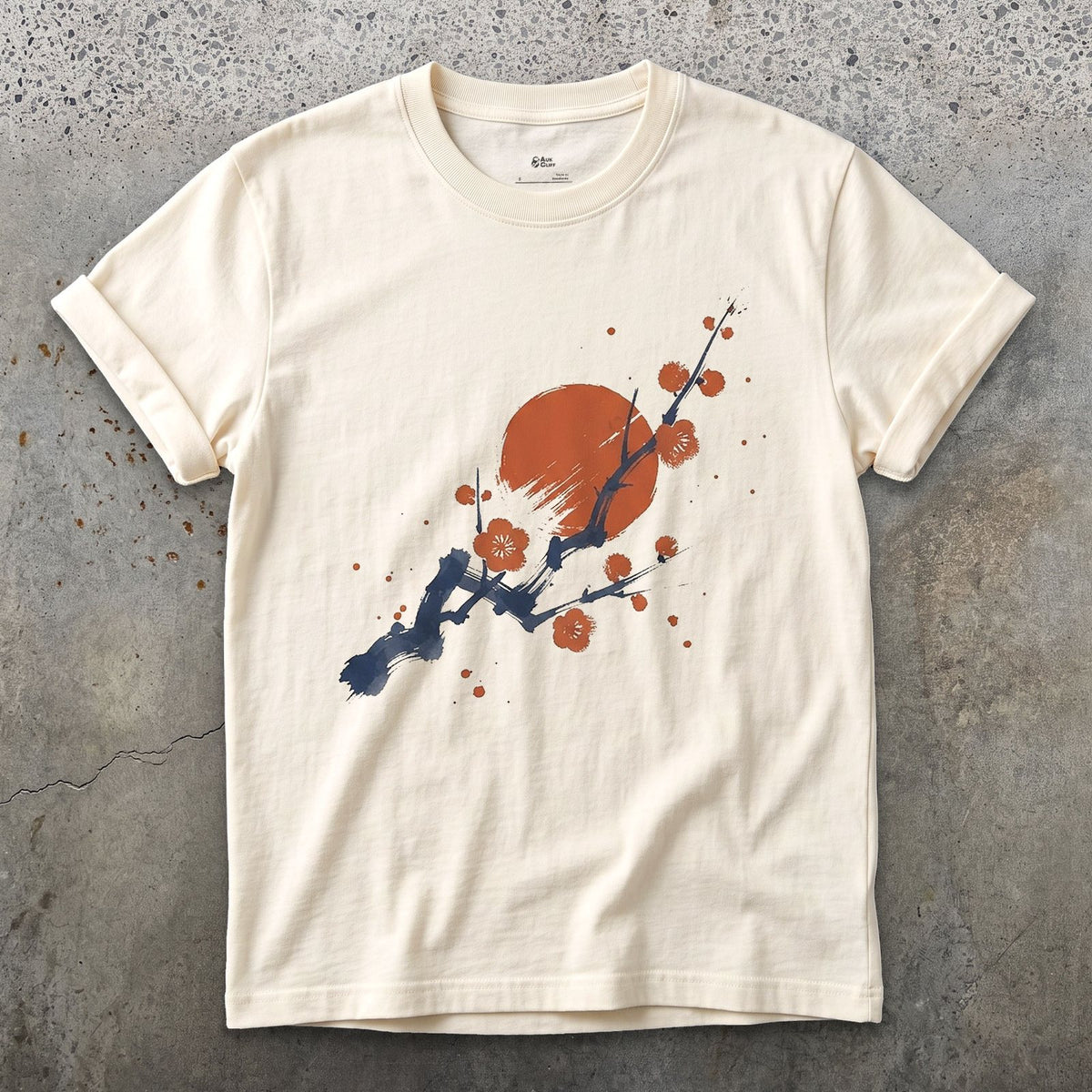 Plum Blossom and Red Sun design on a Natural Gildan Softstyle t-shirt