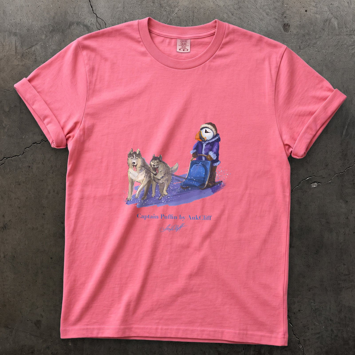 Captain Puffin Arctic Dog Sledder on a Crunchberry Comfort Colors t-shirt