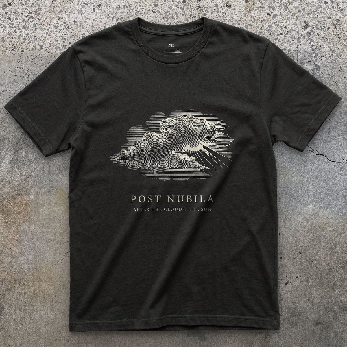 Post Nubila, After the Clouds, the Sun design on a Black Gildan Softstyle t-shirt