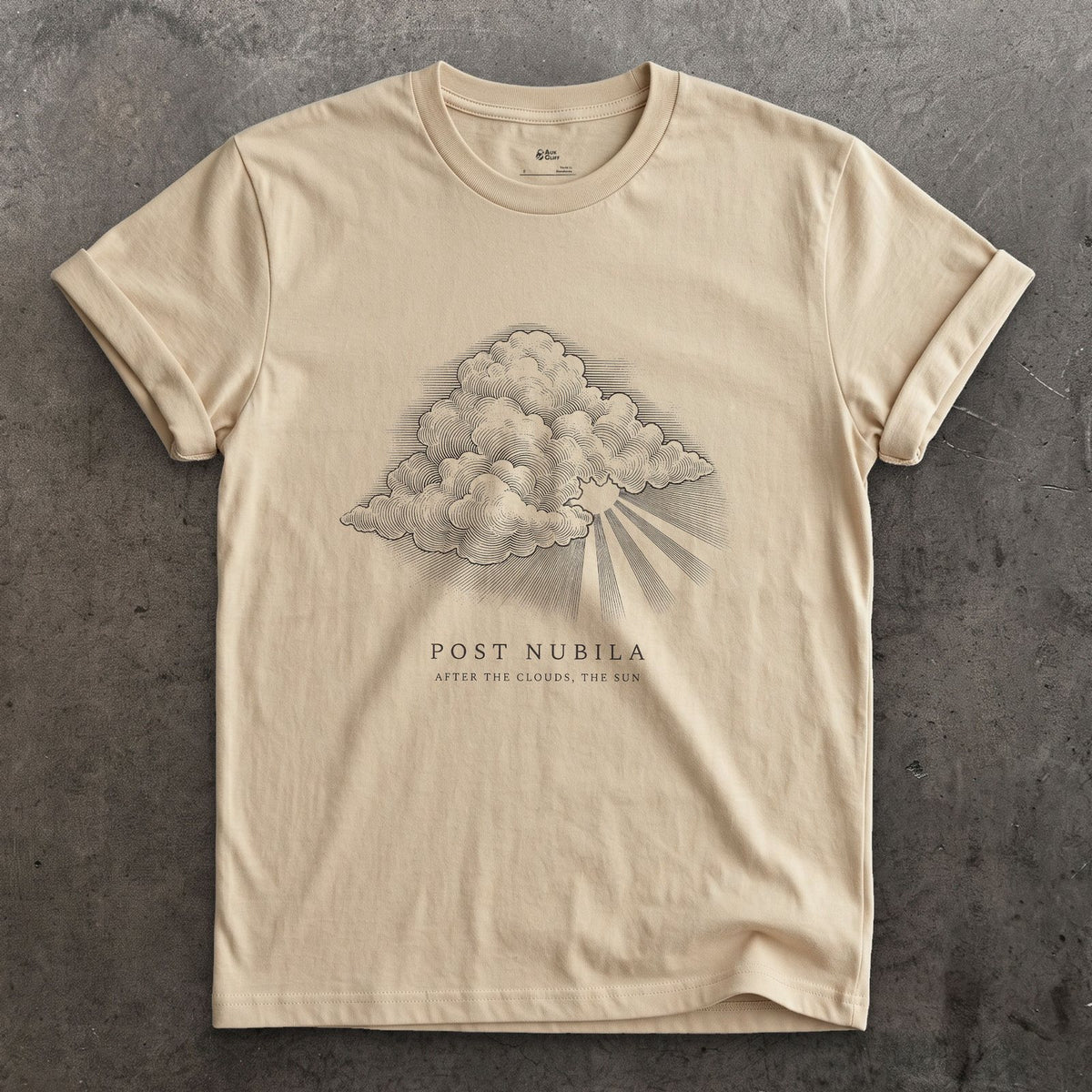 Post Nubila, After the Clouds, the Sun design on a Sand Gildan Softstyle t-shirt