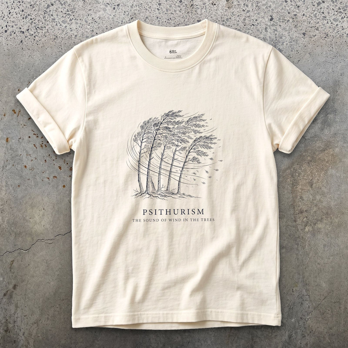 Psithurism, the Sound of Wind in the Trees design on a Natural Gildan Softstyle t-shirt
