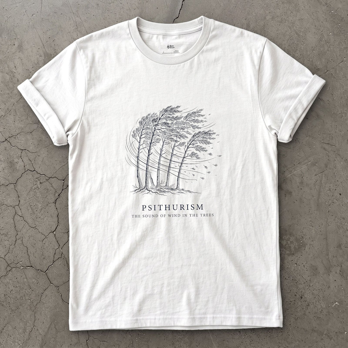 Psithurism, the Sound of Wind in the Trees design on a White Gildan Softstyle t-shirt