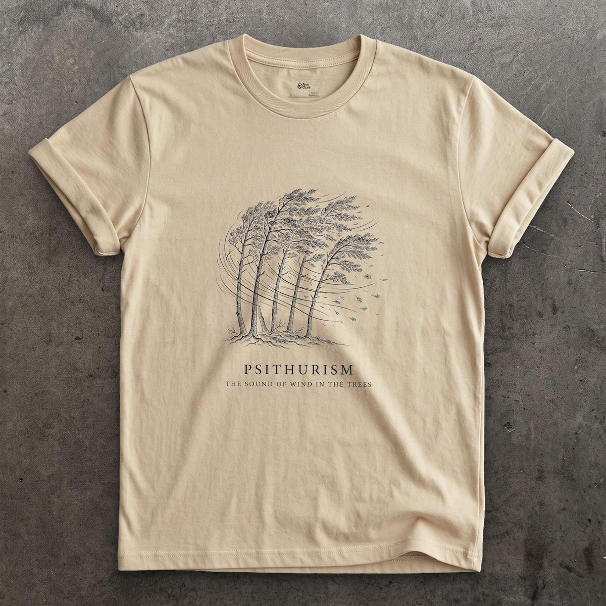 Psithurism, the Sound of Wind in the Trees design on a Sand Gildan Softstyle t-shirt