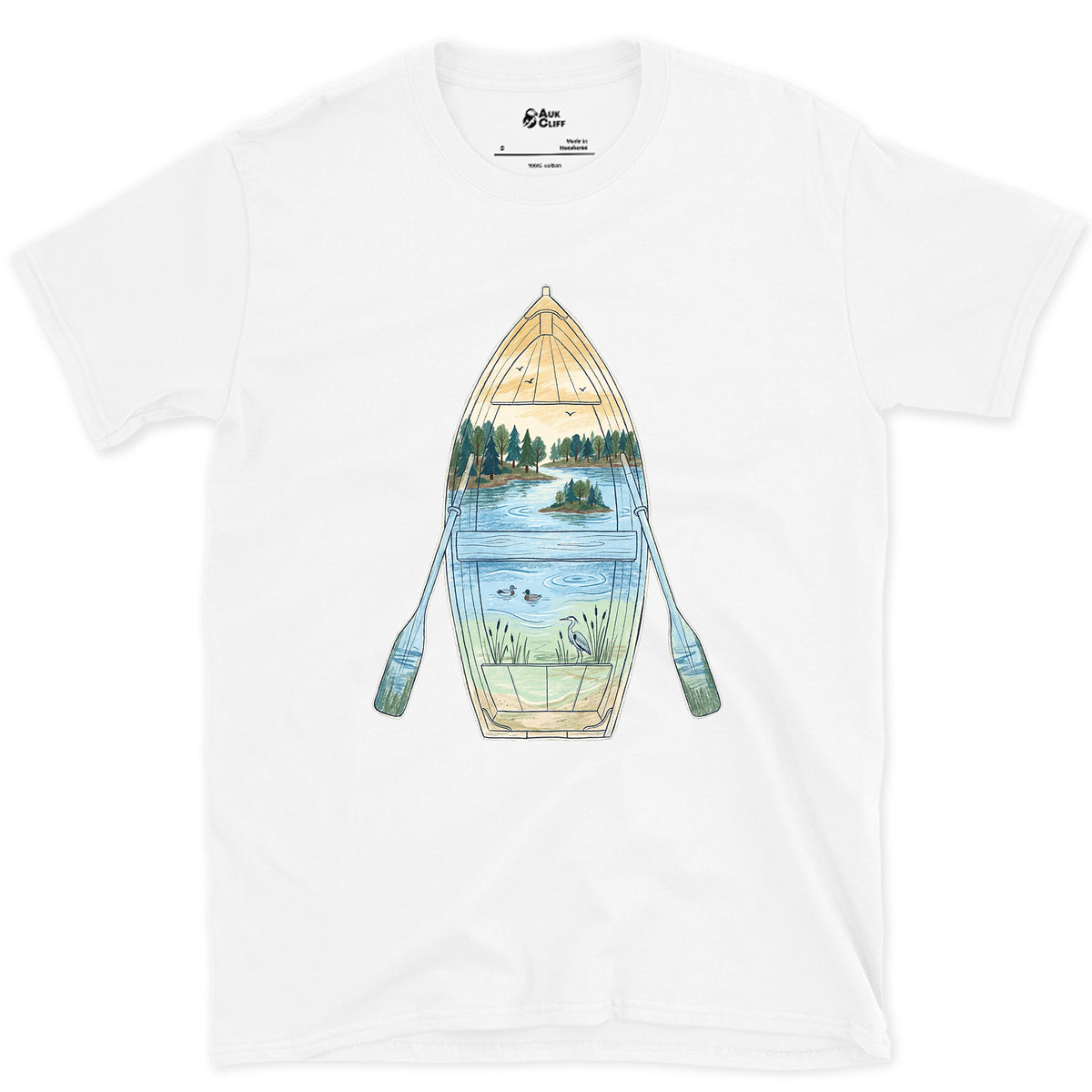 Quiet Lake Morning, Rowing Boat design on a White Gildan Softstyle t-shirt