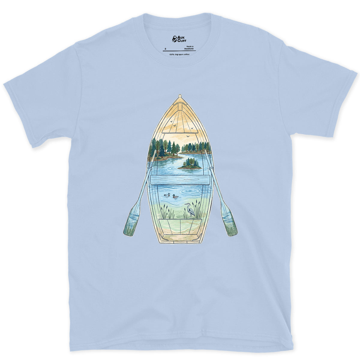 Quiet Lake Morning, Rowing Boat design on a Light Blue Gildan Softstyle t-shirt