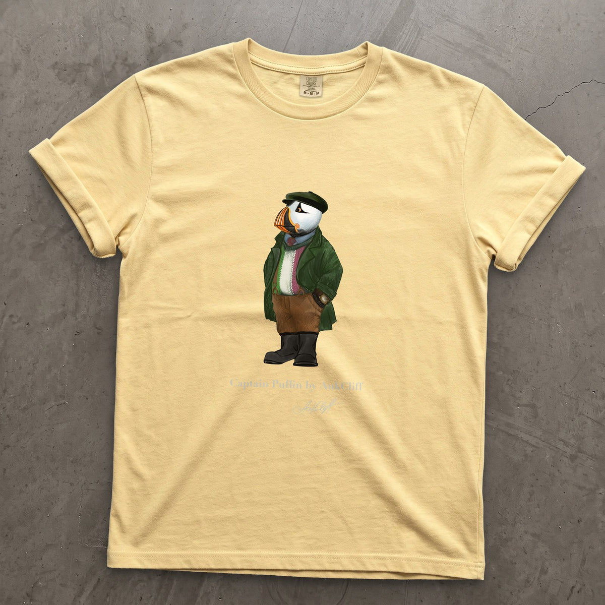 Captain Puffin Republic of Newfoundland on a Butter Comfort Colors t-shirt