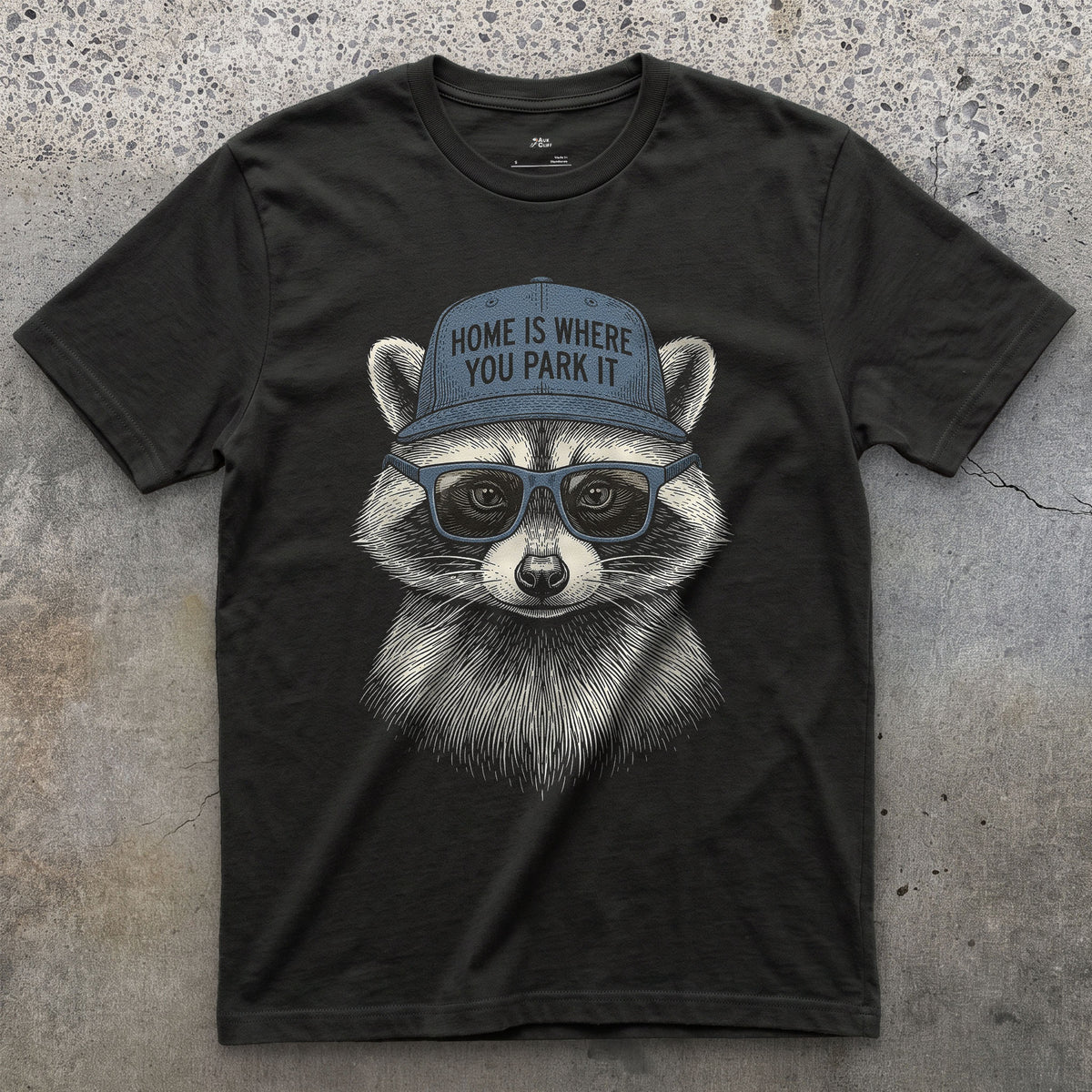 Home Is Where You Park It, Racoon Van Life design on a Black Gildan Softstyle t-shirt