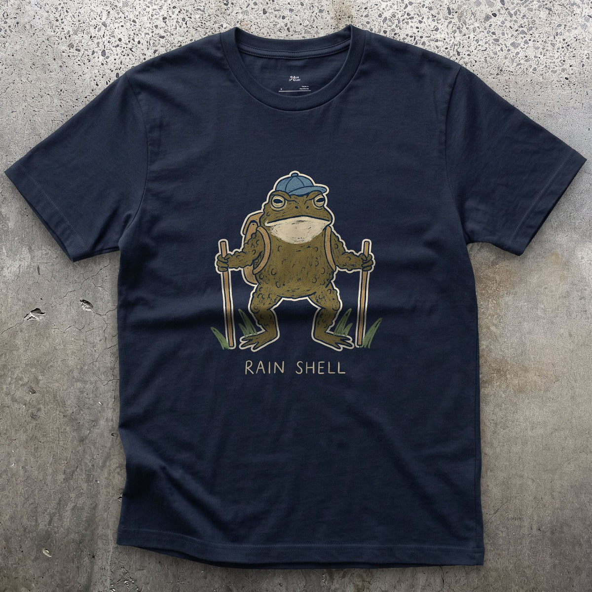 Rain Shell, Toad Hiker design on a Navy Gildan Softstyle t-shirt