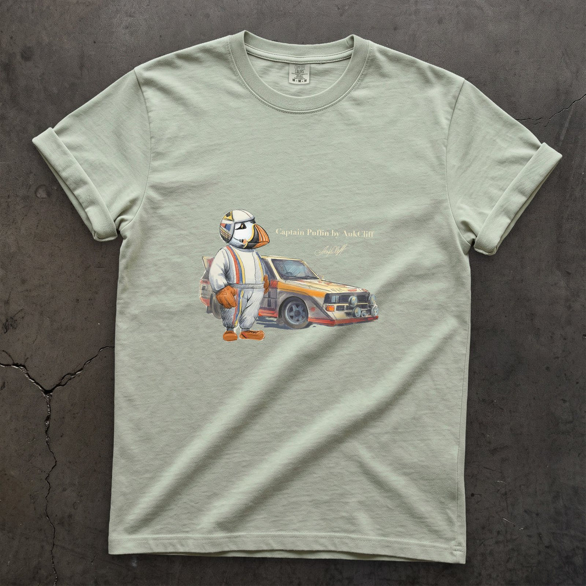Captain Puffin Rally Driver on a Bay Comfort Colors t-shirt