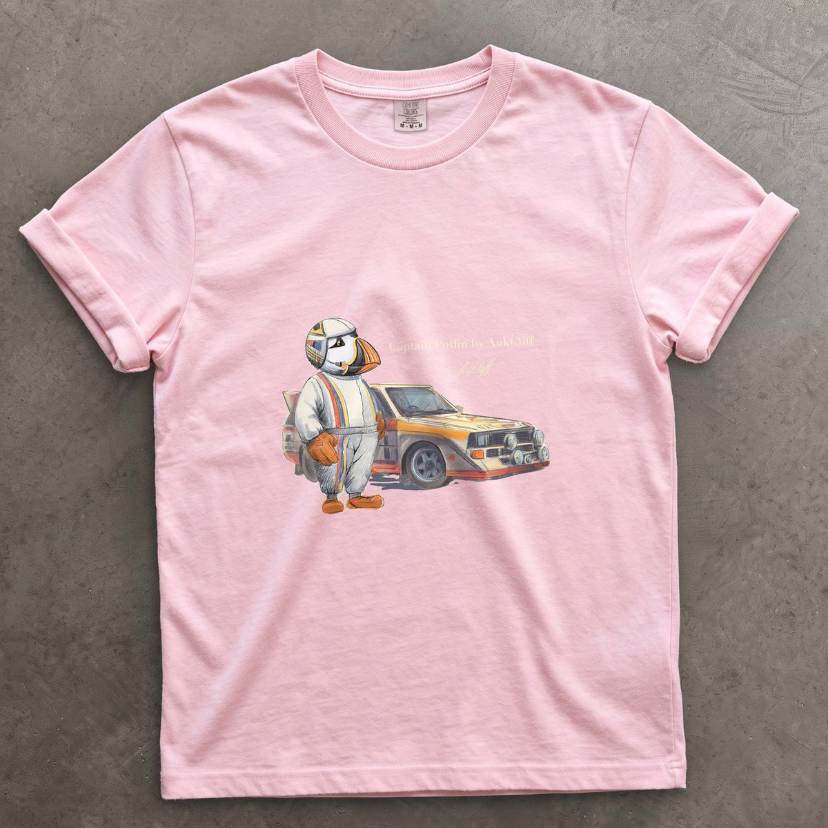 Captain Puffin Rally Driver on a Blossom Comfort Colors t-shirt