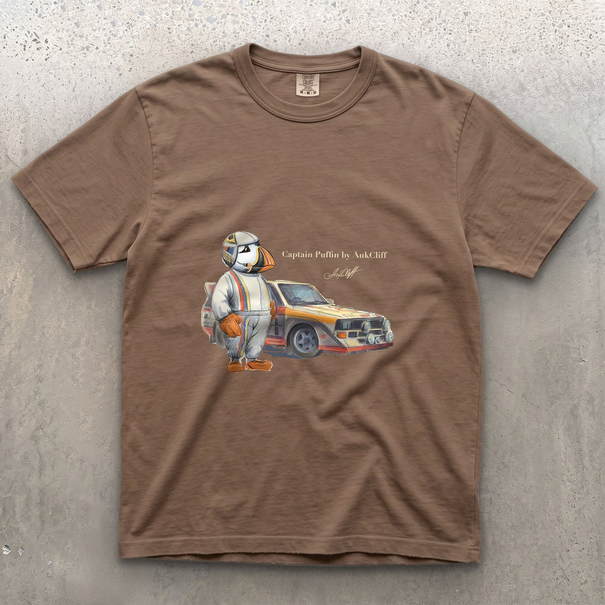 Captain Puffin Rally Driver on a Espresso Comfort Colors t-shirt
