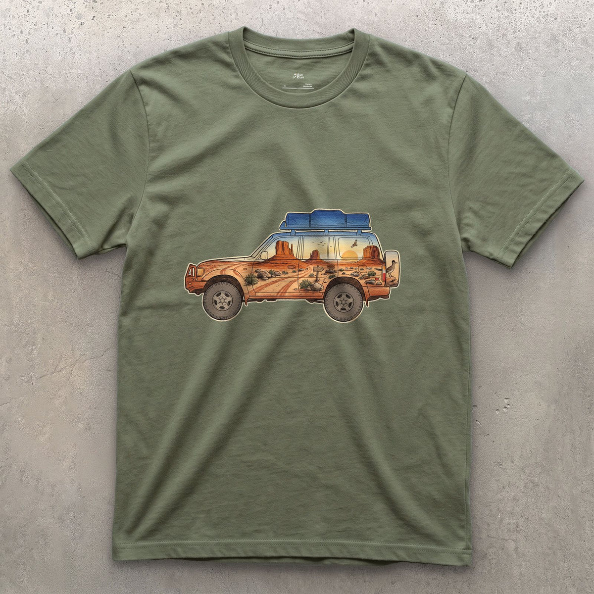 Red Rock Track, Four Wheel Drive design on a Military Green Gildan Softstyle t-shirt