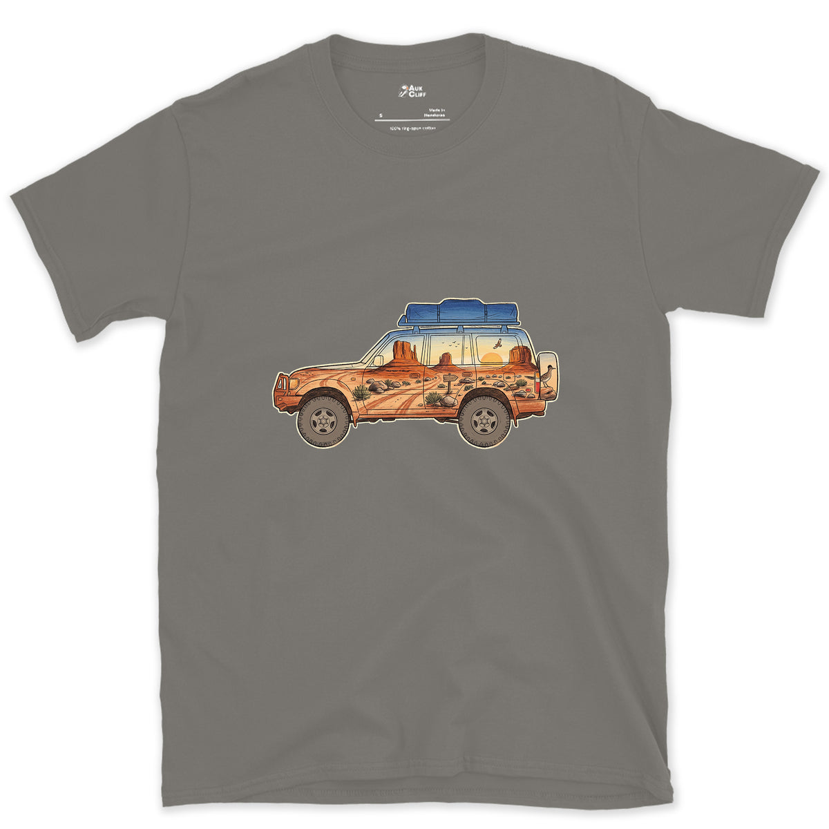 Red Rock Track, Four Wheel Drive design on a Charcoal Gildan Softstyle t-shirt