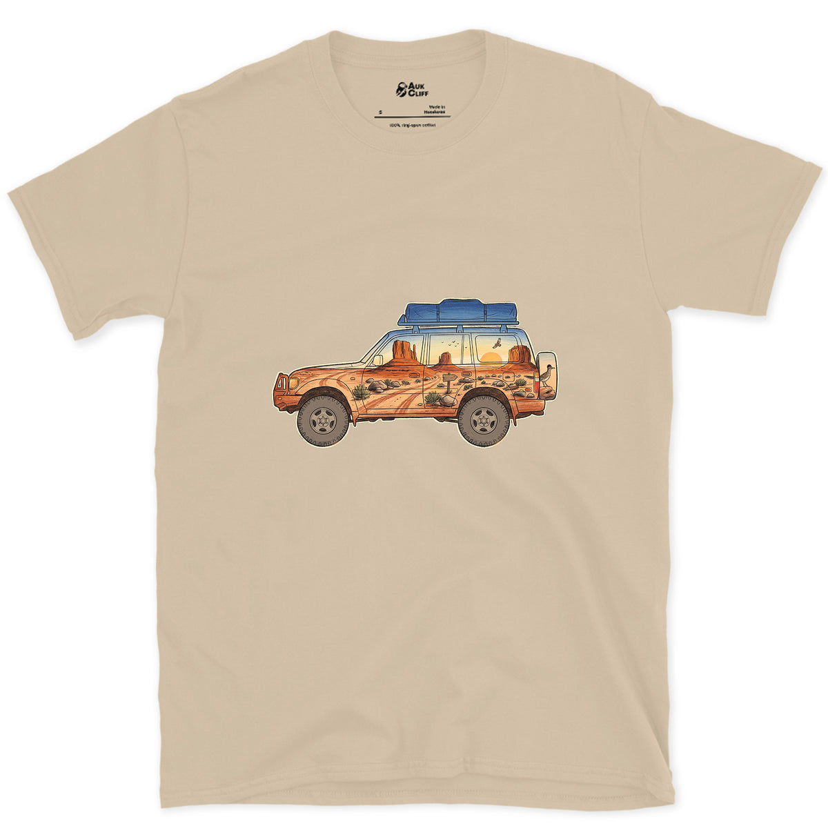 Red Rock Track, Four Wheel Drive design on a Sand Gildan Softstyle t-shirt
