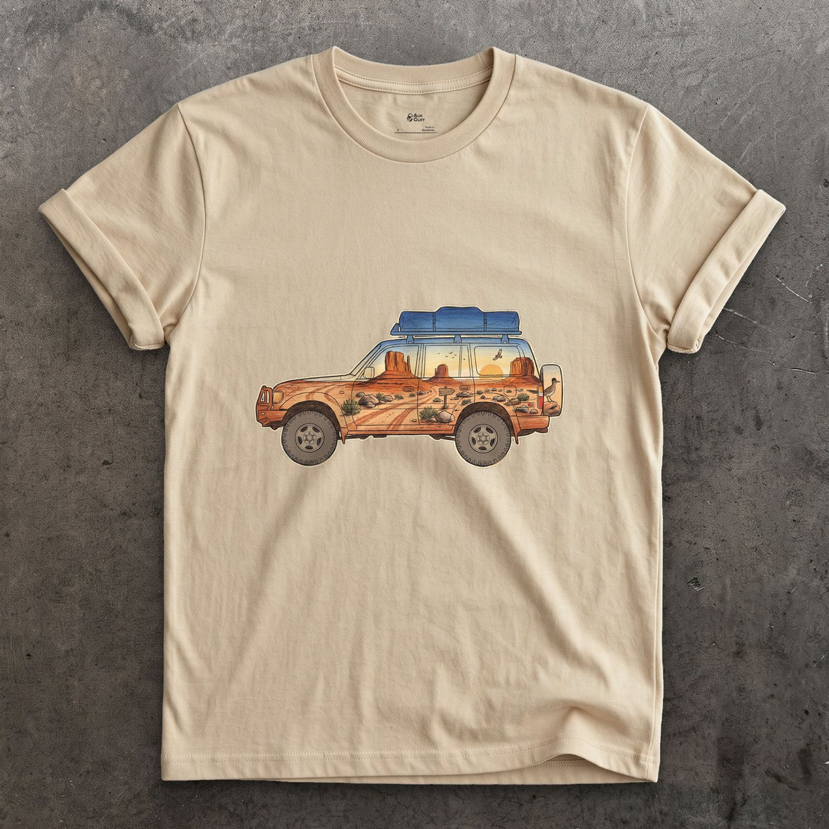 Red Rock Track, Four Wheel Drive design on a Sand Gildan Softstyle t-shirt