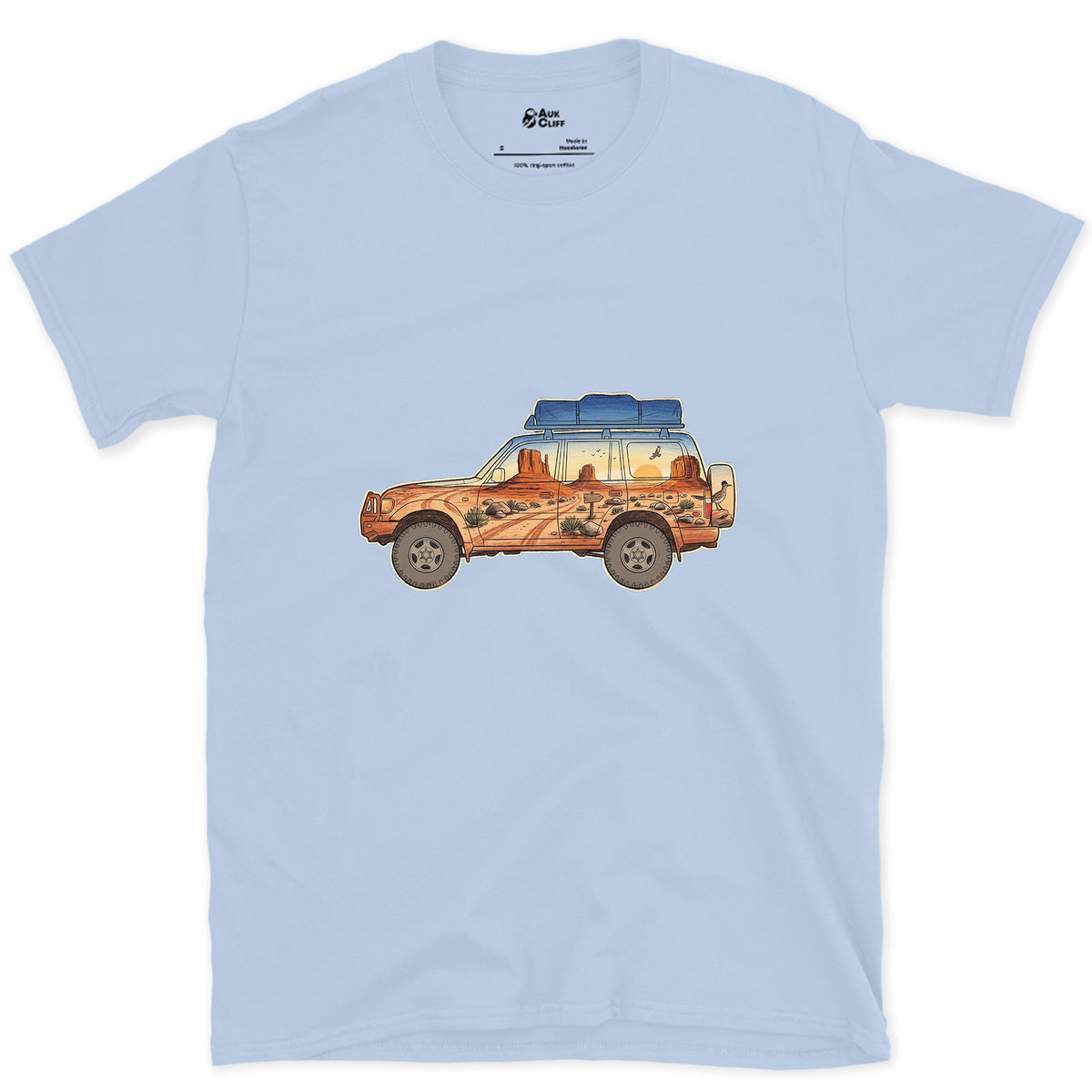 Red Rock Track, Four Wheel Drive design on a Light Blue Gildan Softstyle t-shirt