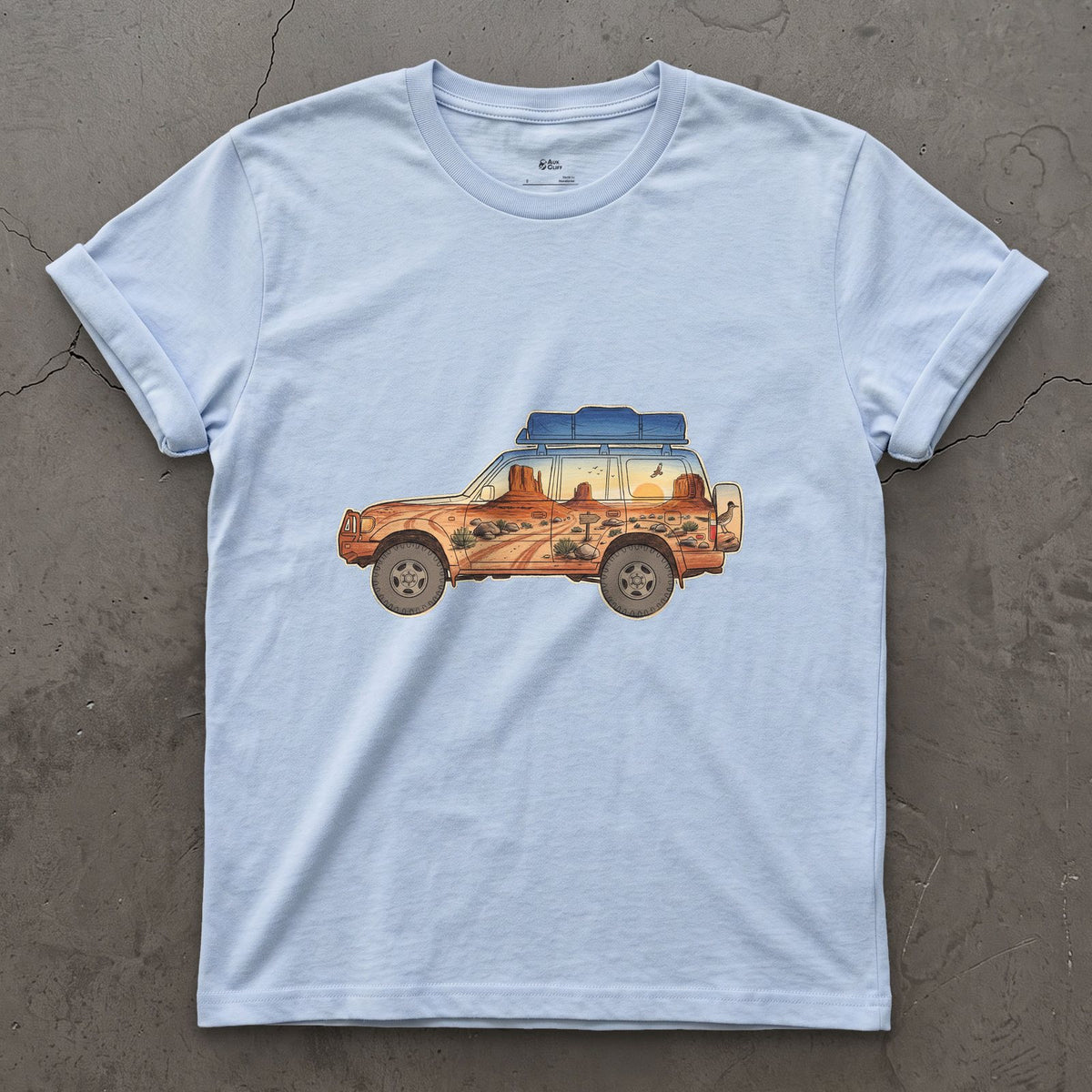 Red Rock Track, Four Wheel Drive design on a Light Blue Gildan Softstyle t-shirt