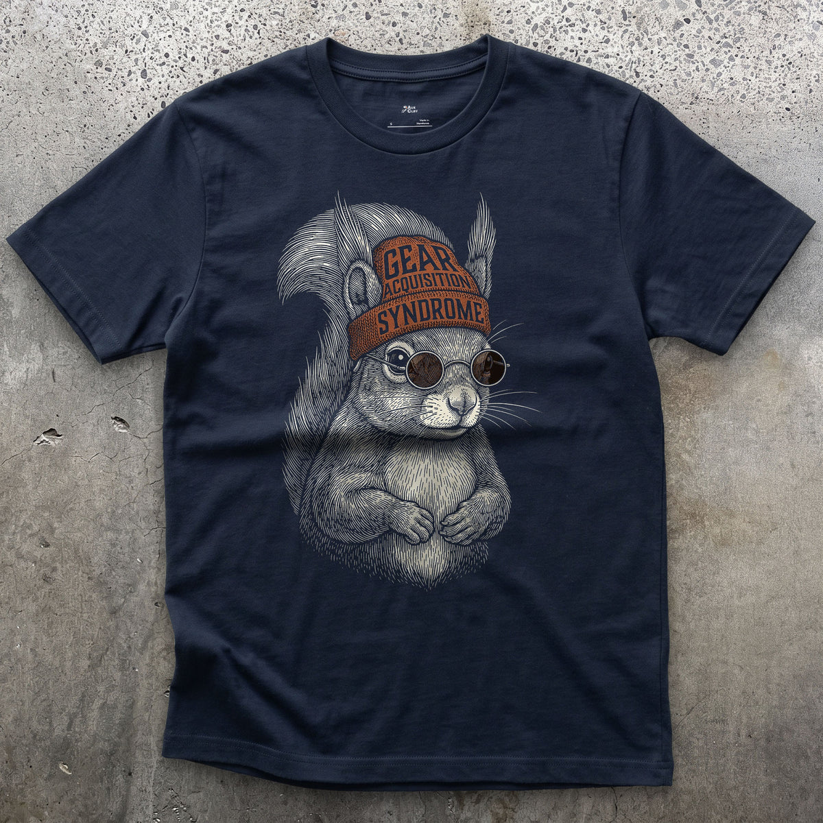 Gear Acquisition Syndrome, Red Squirrel in the Woods design on a Navy Gildan Softstyle t-shirt