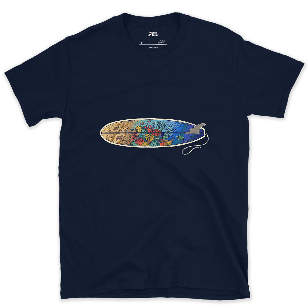 Reef Under the Longboard design on a Navy Gildan Softstyle t-shirt