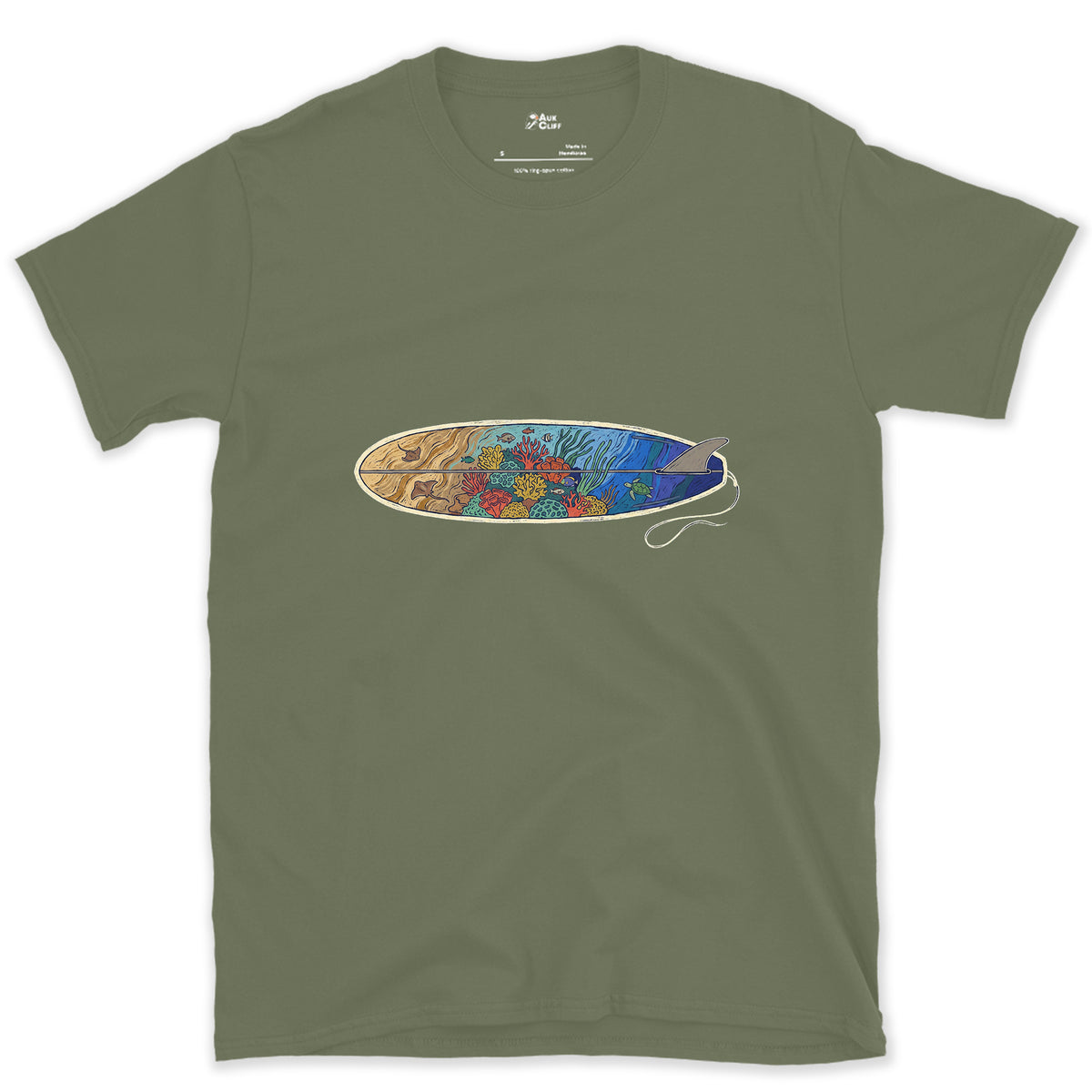 Reef Under the Longboard design on a Military Green Gildan Softstyle t-shirt