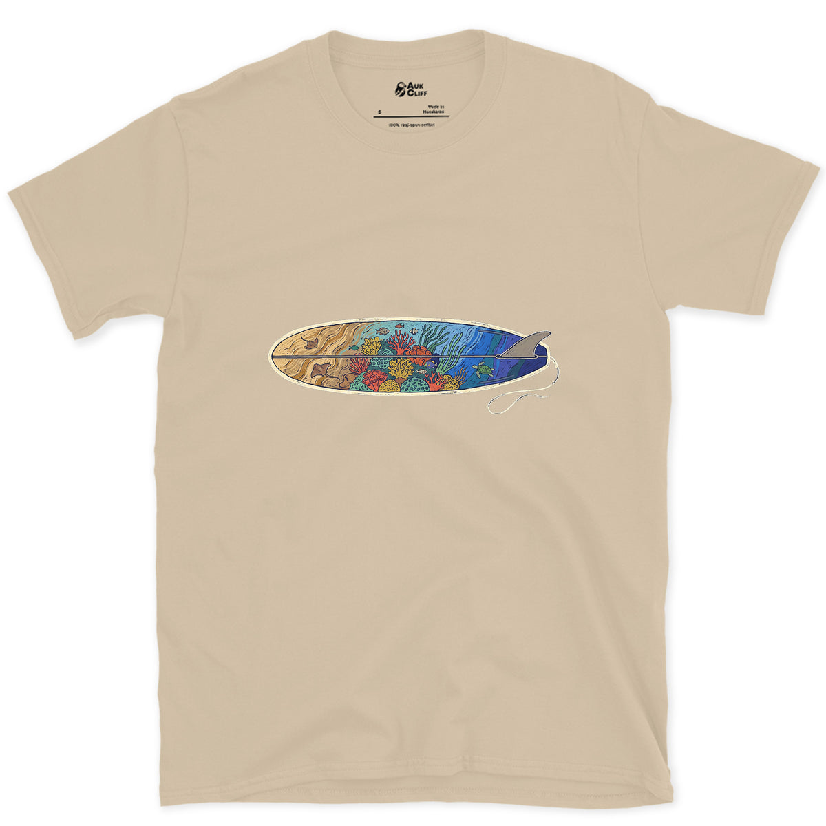 Reef Under the Longboard design on a Sand Gildan Softstyle t-shirt