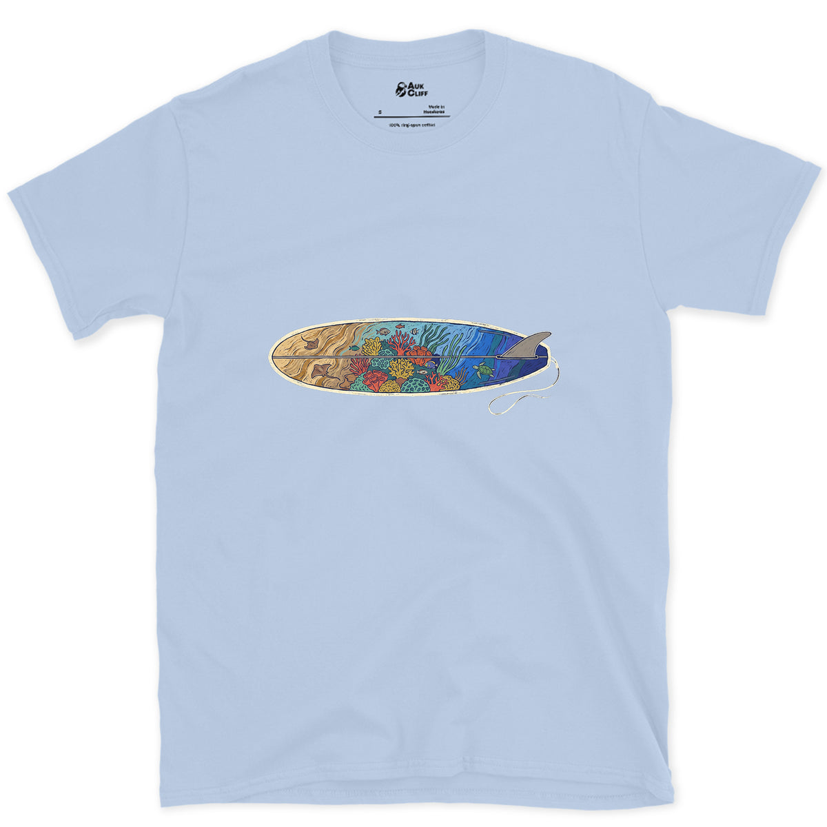 Reef Under the Longboard design on a Light Blue Gildan Softstyle t-shirt