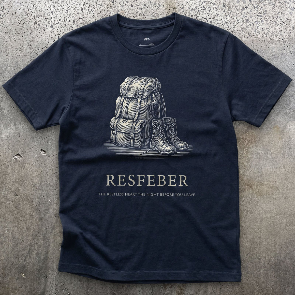 Resfeber, the Restless Heart the Night Before You Leave design on a Navy Gildan Softstyle t-shirt