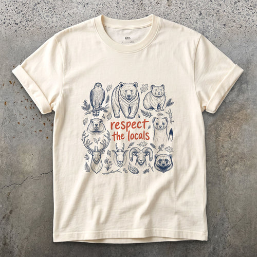 Respect the Mountain Locals, Animal Grid design on a Natural Gildan Softstyle t-shirt
