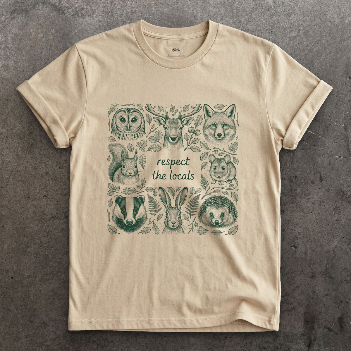 Respect the Wildlife, Five Field Portraits design on a Sand Gildan Softstyle t-shirt