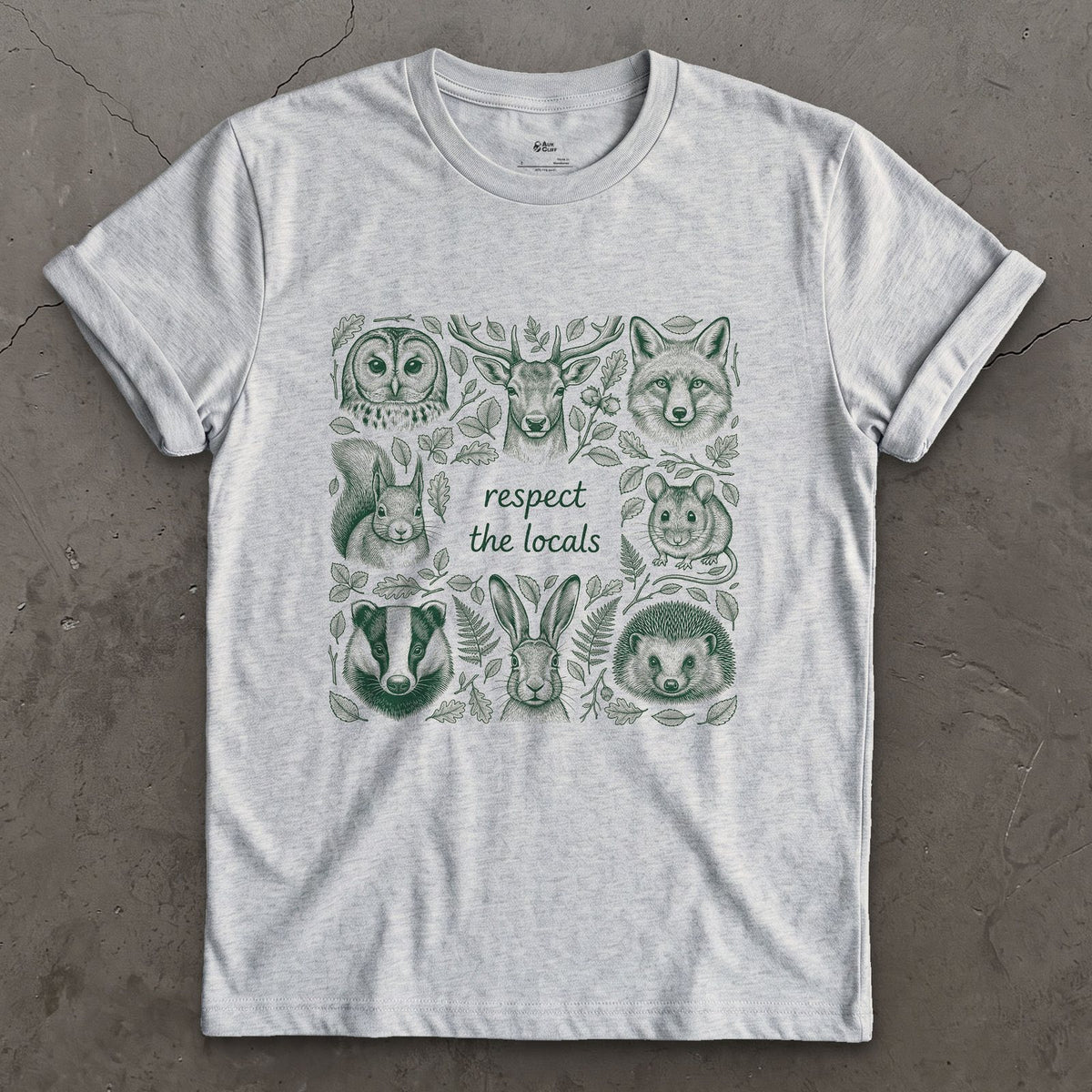 Respect the Wildlife, Five Field Portraits design on a Sport Grey Gildan Softstyle t-shirt
