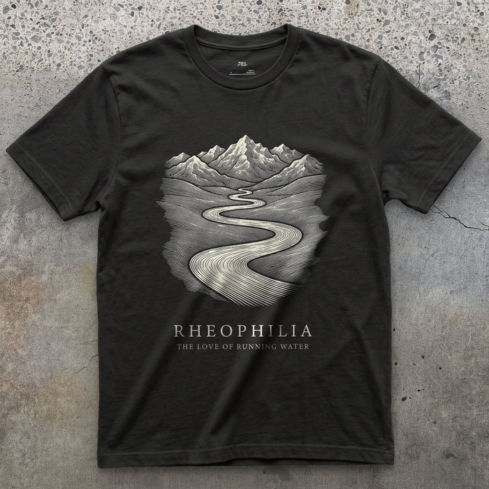 Rheophilia design on a Black Gildan Softstyle t-shirt