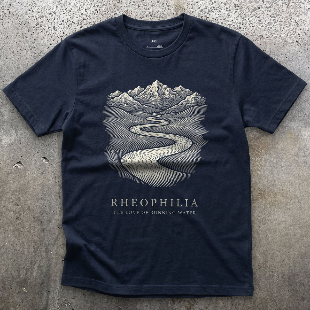Rheophilia design on a Navy Gildan Softstyle t-shirt
