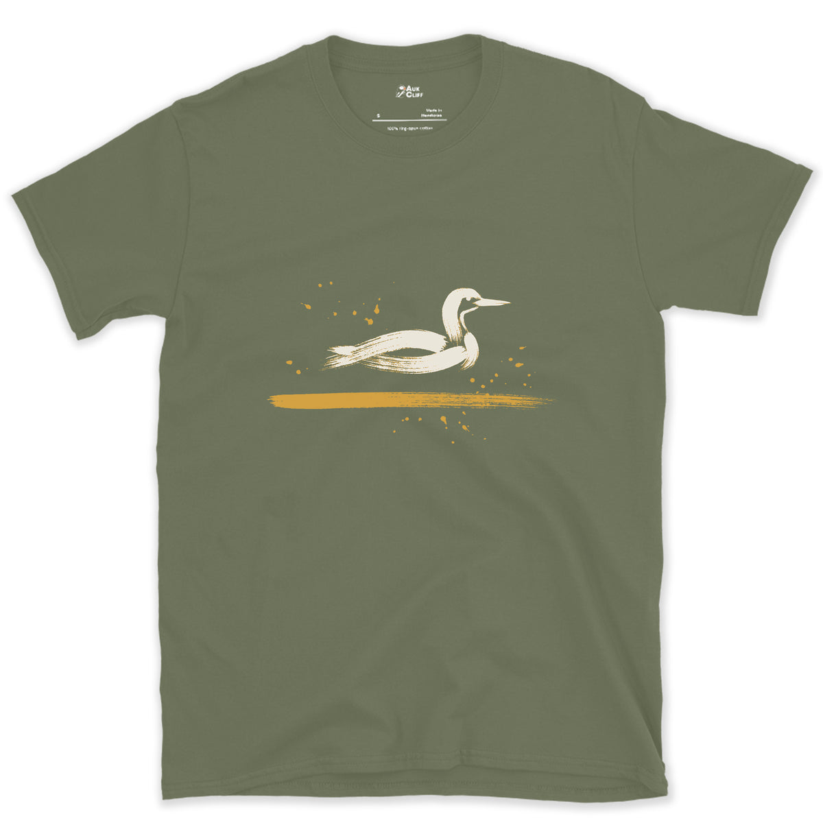 Riding Low, Head Up design on a Military Green Gildan Softstyle t-shirt