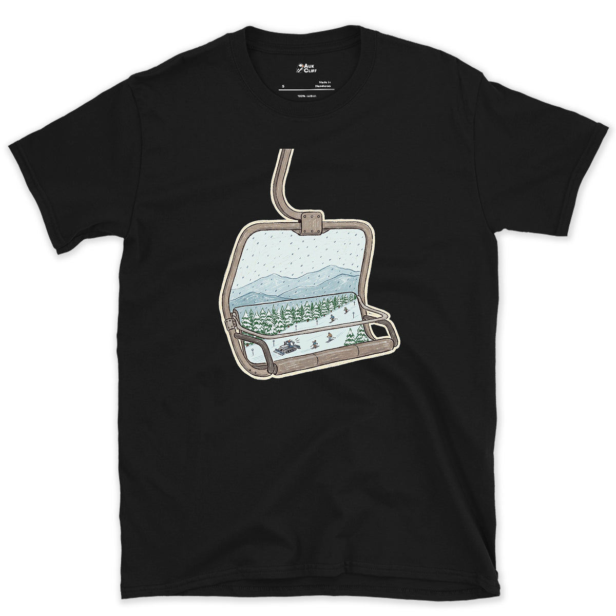 Riding Up Through the Snow, Chairlift design on a Black Gildan Softstyle t-shirt