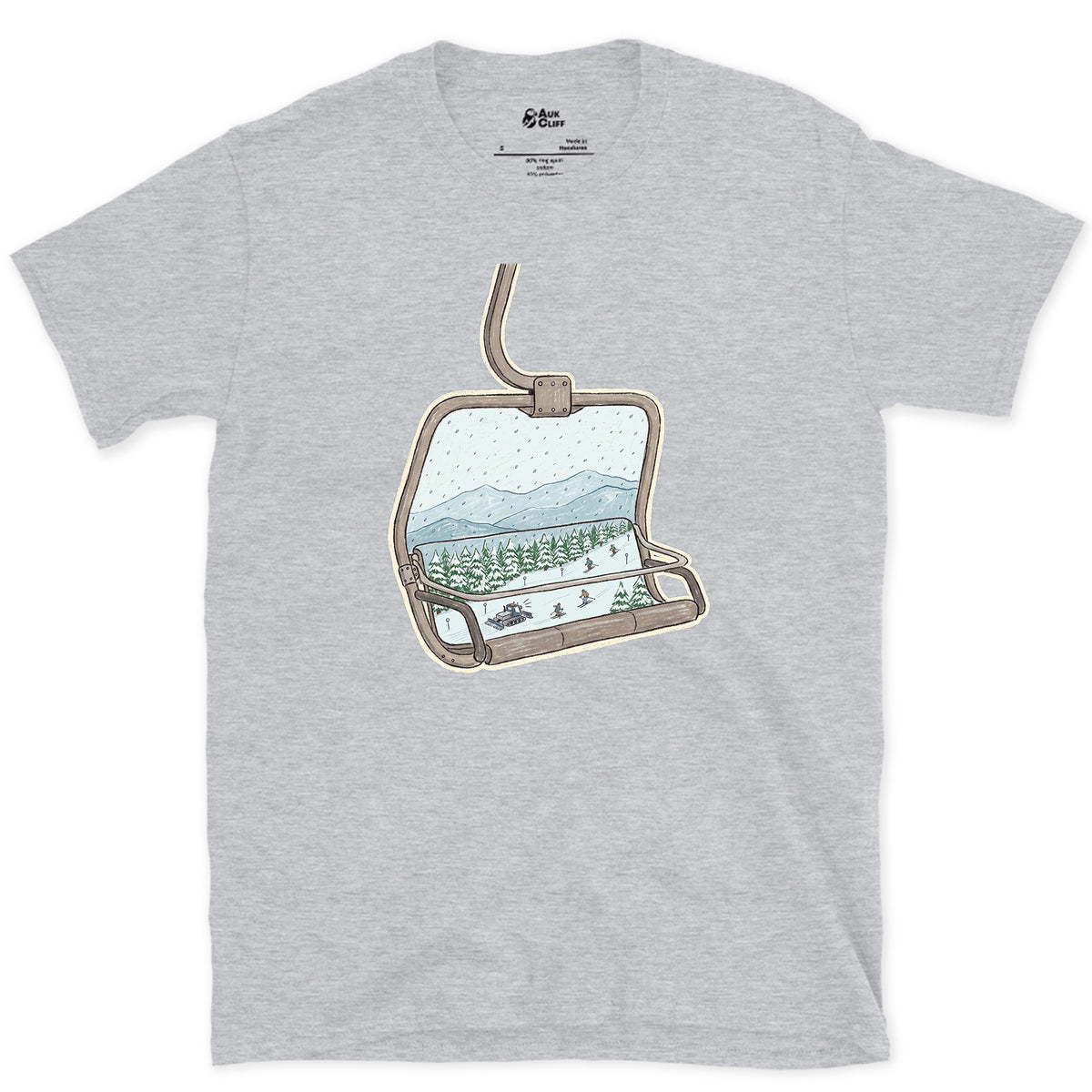 Riding Up Through the Snow, Chairlift design on a Sport Grey Gildan Softstyle t-shirt