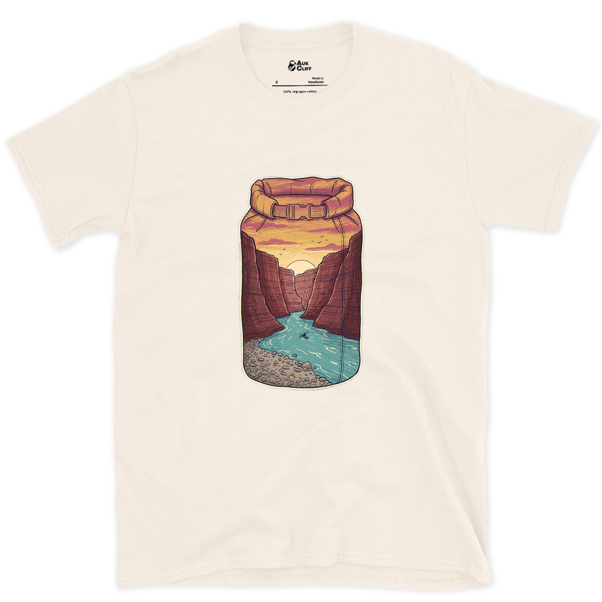 River Gorge at Sunset, Kayaker's Dry Bag design on a Natural Gildan Softstyle t-shirt